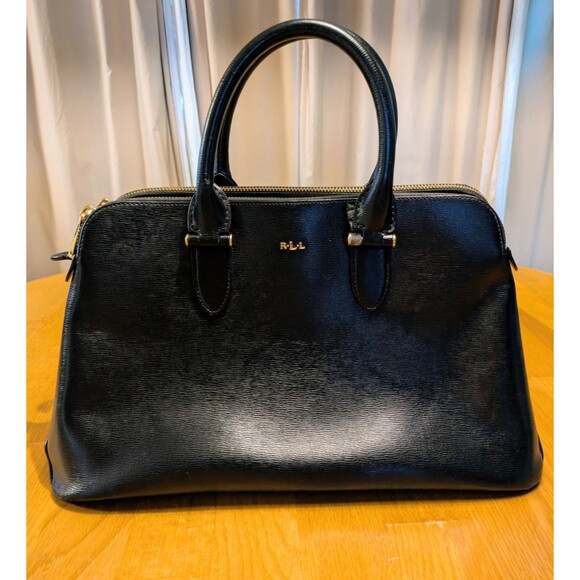 Lauren Ralph Lauren Newbury Double Zip Satchel Bag Handbag Large BLACK Leather - Picture 1 of 16